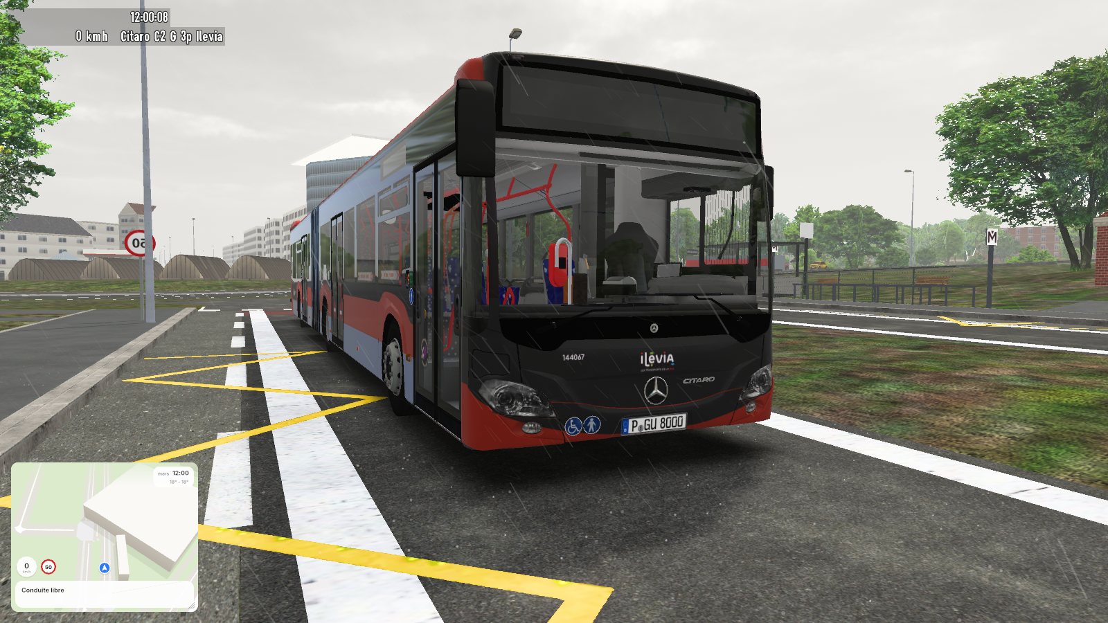 Un Citaro articulé aux couleurs Ilévia à un arrêt, dans le simulateur