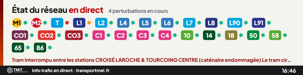 Écran voyageurs : état du réseau en direct, avec le tram interrompu entre Croisé Laroche et Tourcoing Centre