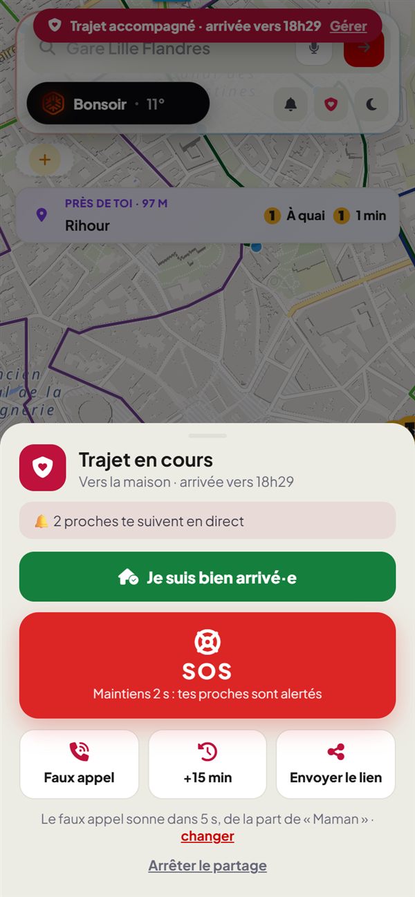 Écran du trajet en cours : Je suis bien arrivé, gros bouton SOS, faux appel, +15 min, envoyer le lien
