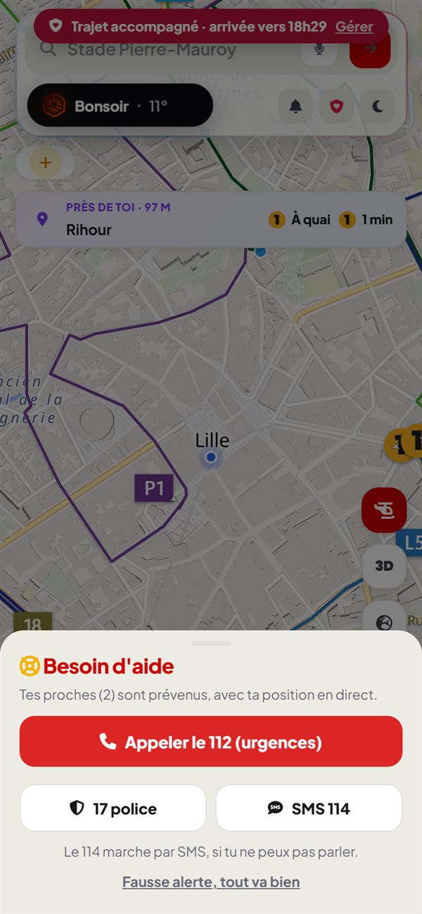 Écran Besoin d'aide après le SOS : proches prévenus, appeler le 112, le 17, SMS au 114